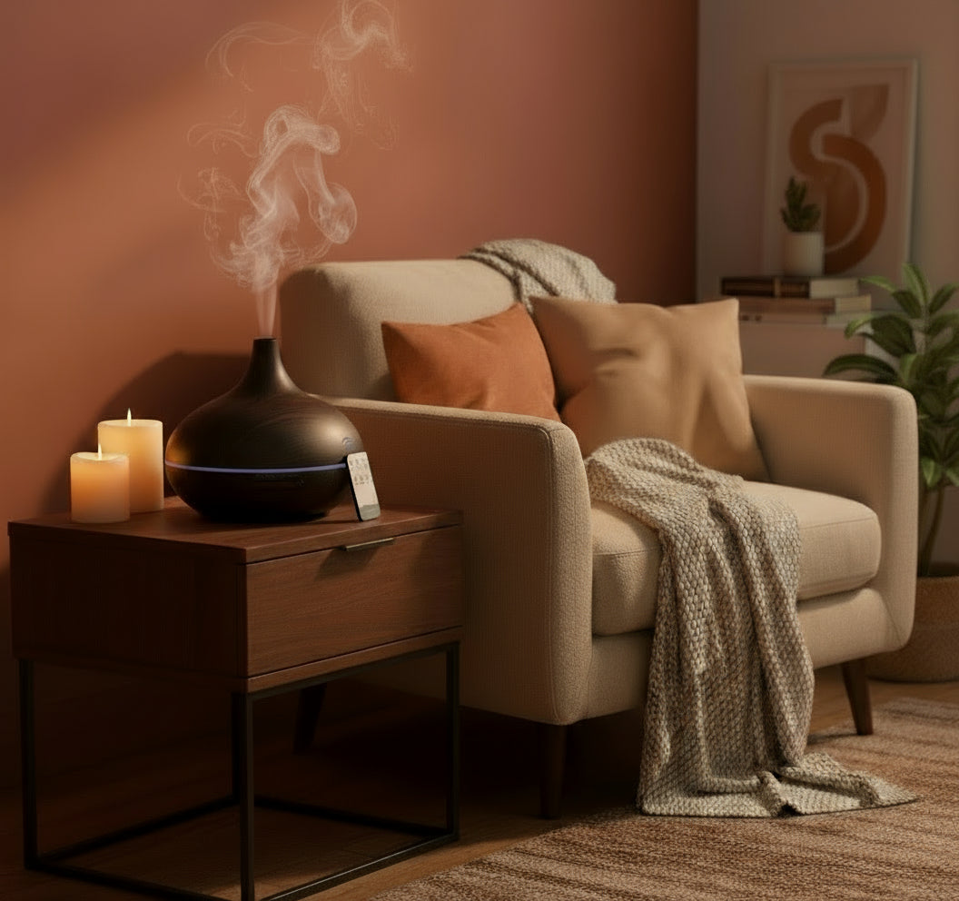 Aromaterapilampa i trädesign – med fjärrkontroll och LED-belysning