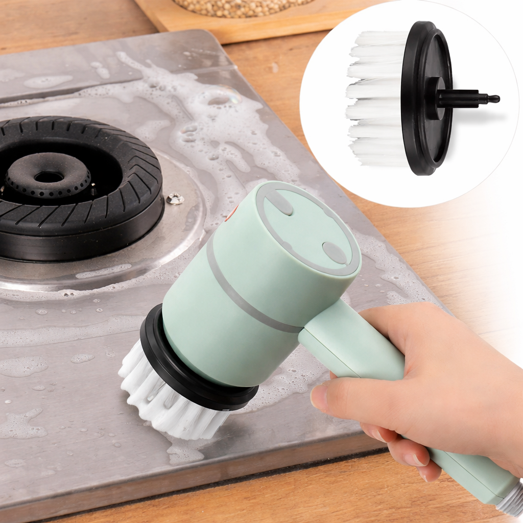Elektrisk rengöringsborste med olika borsthuvuden för disk, kakel och badkar