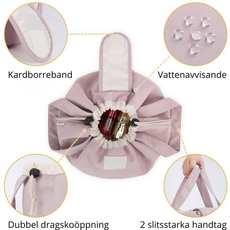 Praktisk och rymlig sminkväska med dragsko