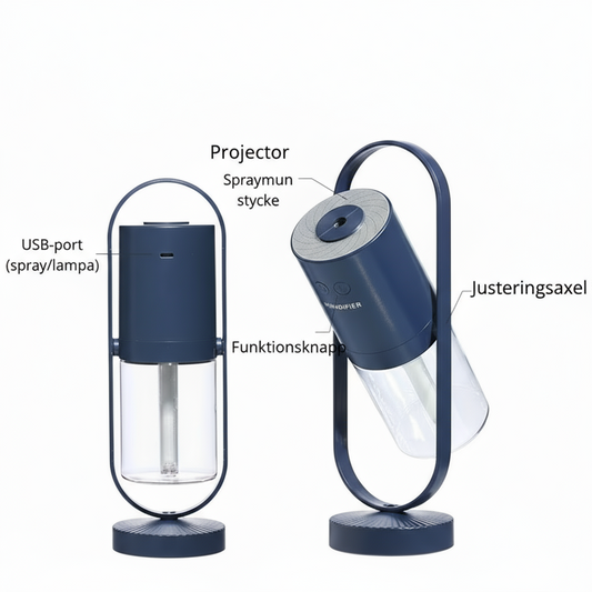 USB-luftfuktare med polymerdimma och LED-ljus Projektor
